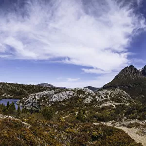 Panoramic view of Twisted Lakes, Dove Lake and Cradle Mountain as seen from Lake Rodway