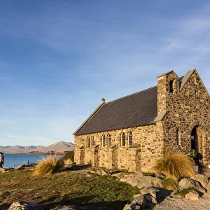 Sunset over the Church of the good Shepherd and Lake Takepo in New Zealand