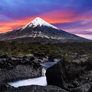 View of Petrohue Falls (Saltos del Petrohue) and Osorno Volcano in the Background, Vicente Perez Rosales National Park, Patagonia, Chile, South America