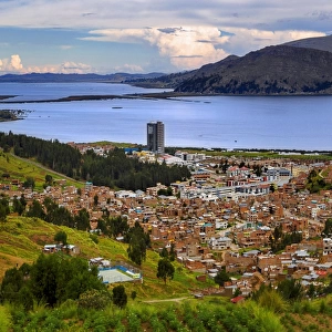 View of Puno and Lake Titicaca, Puno, Peru, South America