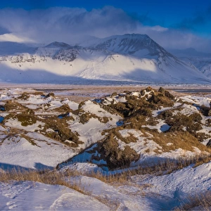 Winter scene on the coastline at Budir, Snaefellness, Iceland