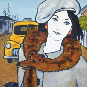 Young Woman Traveling and Wearing Fox Fur Oil Painting