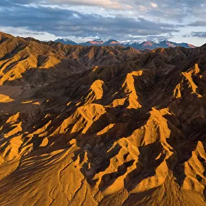 Aerial view of desert landscape in Kyrgyzstan at sunset