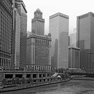 architecture, black and white, bridge, building, chicago, chicago river, city, cityscape