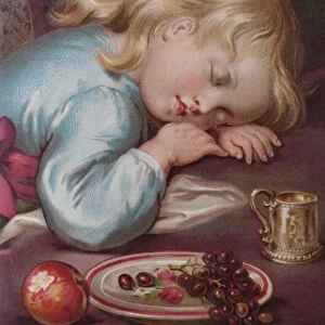 Blond girl sleeping on table after having eaten fruits