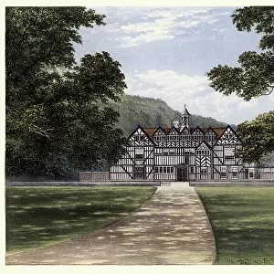 History English Architecture, timber framed country house, Mere Hall, Worcestershire, 19th Century Landscape Art
