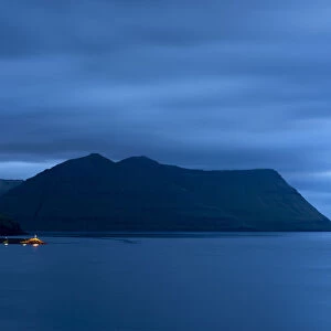 Illuminated dock, night mood, Eysturoy, Faroe Islands, Denmark