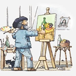 Illustration of artist in his studio painting a still life