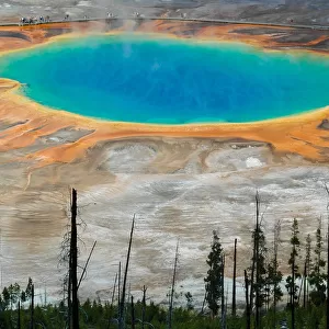 The multi-colored Grand Prismatic spring in Yellowstone National Park as seen from above