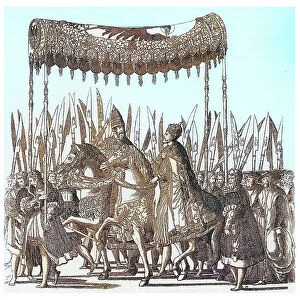 Old engraved illustration of crowning of Emperor Charles V by Pope Clement VII in Bologna on February 24, 1530