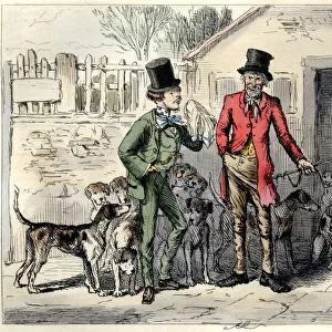 Two Victorian men with a pack of foxhounds