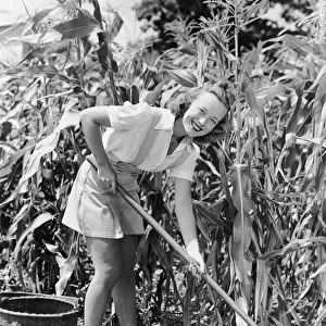 Woman hoeing in field of corn