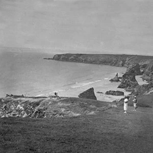 A view across the beach from the western cliff, Bedruthan Steps, St Eval, Cornwall. Probably 1920s