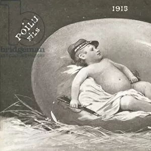 1915, Easter card showing already armed baby soldier in egg (b / w photo)