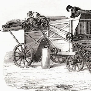 A 19th century threshing machine, from Les Merveilles de la Science, pub. 1870