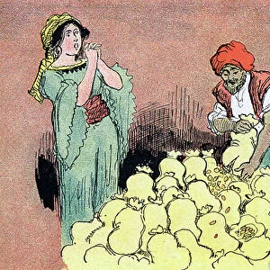 Ali Baba shows the gold bags to his wife Illustration by Albert Robida for Ali Baba and the Forty Thieves 1945 Private Collection