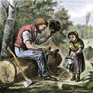 American pioneers: little girl bringing a meal basket to her father, a farmer working on land clearing, doing benedicite. Colour engraving, 19th century