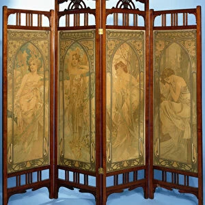 An Art Nouveau screen, the panels decorated with the series Les Heures du Jour