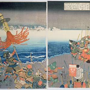 The Ashikaga fleet sailing into attack Nitta, c. 1840, (colour woodblock print)