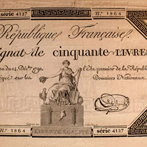 Assignat de fifty livres - Engraving by Pierre Didot (1760-1853), ink on paper, 1790 - Musee de l imprimerie Lyon, France