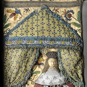 Beadwork Mirror, c. 1672-79 (silk, metal and leather threads with glass beads and spangles on silk-satin ground cased in oak)