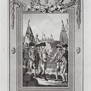 British General Lord Cornwallis surrendering to American and French troops commanded by Generals George Washington and the Comte de Rochambeau after the Battle of Yorktown, Virginia, American Revolutionary War, 19 October 1781 (engraving)
