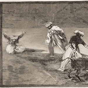 Bullfighting: The Moors plays the cape with another bull in an enclosure, 1816 (etching)