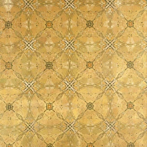 A ceiling panel, with repeating abstract foliate design in olive green, ochre