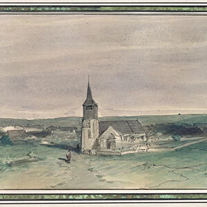 Church and Village in the Middle of a Field, Montigny, 1866 (pen & ink and w / c on paper)