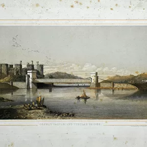 Conway Castle and Tubular Bridge, c. 1850 (coloured litho on paper)