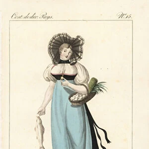 Cook of Bern, Switzerland, 19th century. She wears a lace bonnet, and carries a basket wof eggs and vegetables. Handcoloured copperplate engraving by Georges Jacques Gatine after an illustration by Louis Marie Lante from Costumes of Various