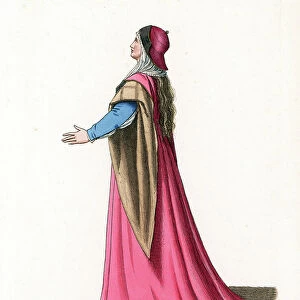 Costume d'une femme de la nobility d'Italie, 15th century - Noblewoman of Italy, 15th century - She wears a crimson velvet bonnet with black lining, crimson silk simar with huge furlined sleeves