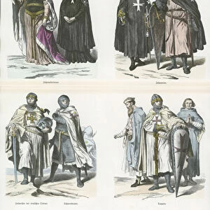 Costumes of members of the Crusading orders, 12th and 13th Century (coloured engraving)
