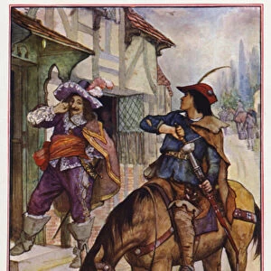 D Artagnan will not have his horse laughed at, scene from The Three Musketeers, by Alexandre Dumas (colour litho)