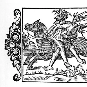The devil carrying a witch - in "Historia de Gentibus Septentrionalibus"