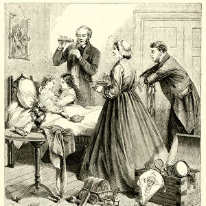 Doctor preparing medicine for a sick boy (engraving)