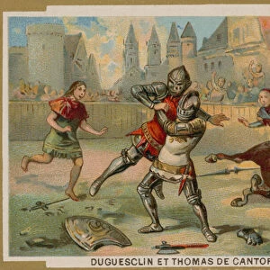 Duel between Bertrand du Guesclin and Thomas of Canterbury, Dinan, Brittany, 1357 (chromolitho)