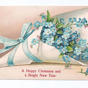 Edwardian Christmas and New Year postcard of a bouquet of forget-me-nots, c