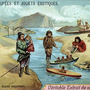 Exotic dolls and toys: Eskimos playing with miniature canoes