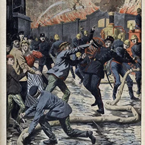 Exploits d apaches (bandits, thugs): during the fire of a factory, bandits attack agents and dig pumps pipes in Paris - Frontpage of newspaper "Le Petit Journal"may 26, 1907 (engraving)
