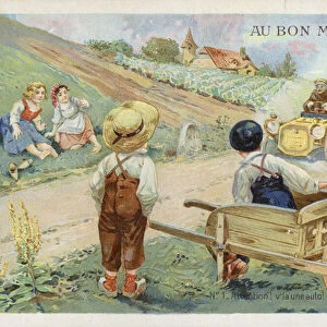 French Children watching speeding car (chromolitho)