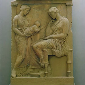Funerary stela depicting a maid holding a baby out to a seated woman (marble)