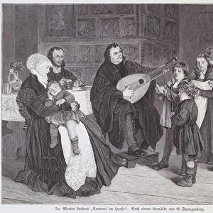 German Protestant reformer Martin Luther playing music at home with his family (engraving)