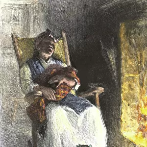 History of immigration in America: Mere Afro-American, in a rocking chair, sings for her children while rocking the baby in a wooden house, USA. Colourful engraving of the 19th century