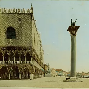 Italy, Venetie, Venice: Doge's Palace, Column with Lion Statue on St. Mark's Square, 1870 - albumin paper enhanced by watercolour