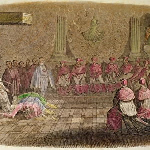 Japanese ambassadors prostrate at the feet of Pope Gregory XIII in 1585, 1850 (hand-coloured engraving)