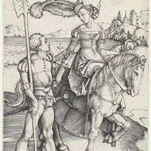 A lady on horseback and a soldier, 1495-99 (engraving)
