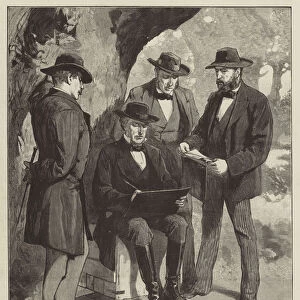 The late Mr Jefferson Davis, Ex-President of the Confederate Southern States of America, signing Official Documents by the Roadside in the Last Days of the Civil War (engraving)