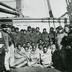 Maori Prisoners on board a prison hulk in Wellington Harbour, 1866 (b / w photo)