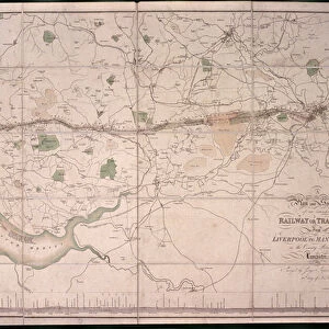 Map of the Liverpool and Manchester Railway showing the line as surveyed by George Stephenson (colour litho)